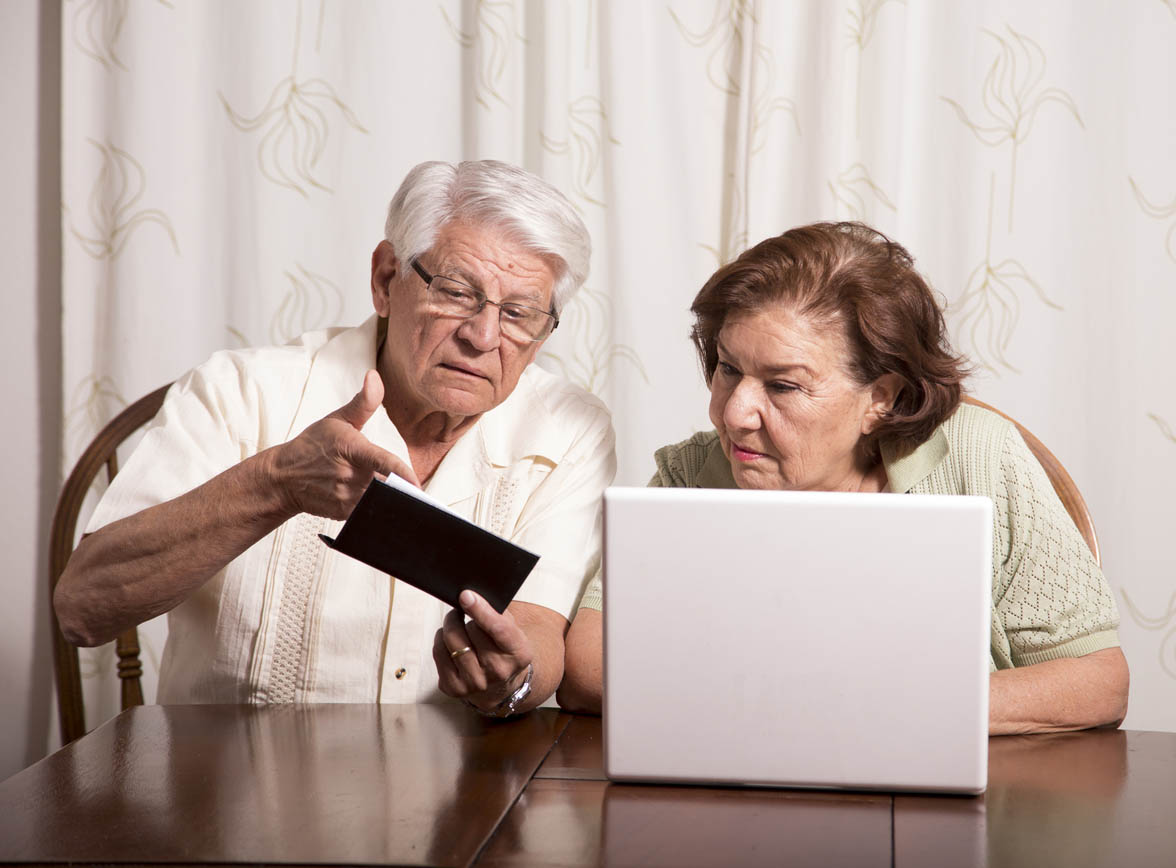 Senior couple looking at checkbook and computer.